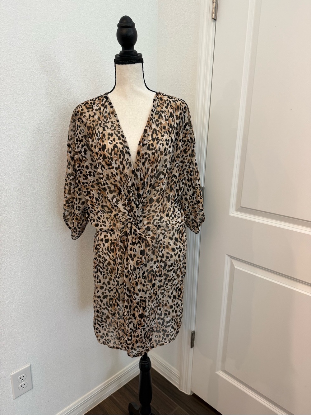 Leopard Print Sheer Tie-Front Cover-Up in Tan and Cream